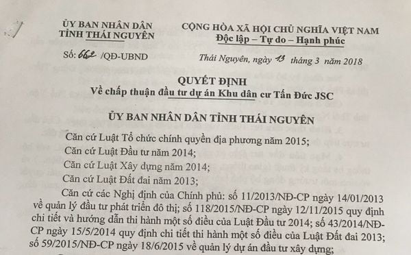 Quyết định số 662/QĐ-UBND về việc chấp thuận đầu tư dự án khu dân cư Tấn Đức JSC Phổ Yên